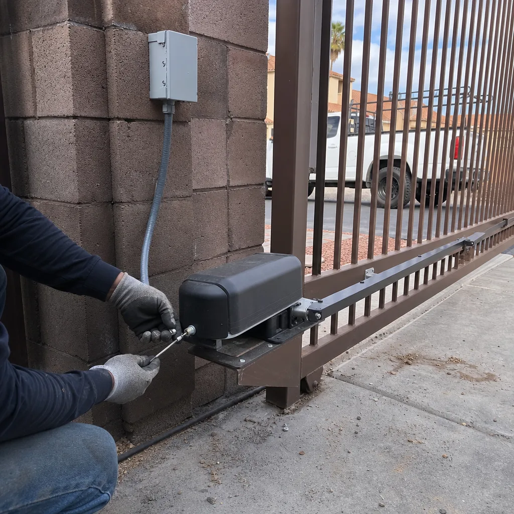 Technician performing professional electric gate motor repair and maintenance