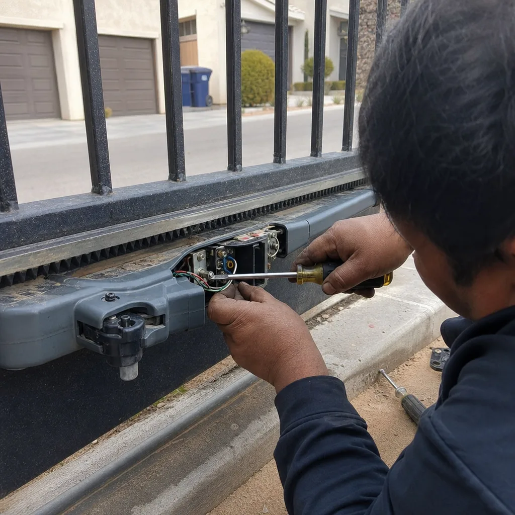 Technician performing professional electric gate repair and maintenance on sliding gate