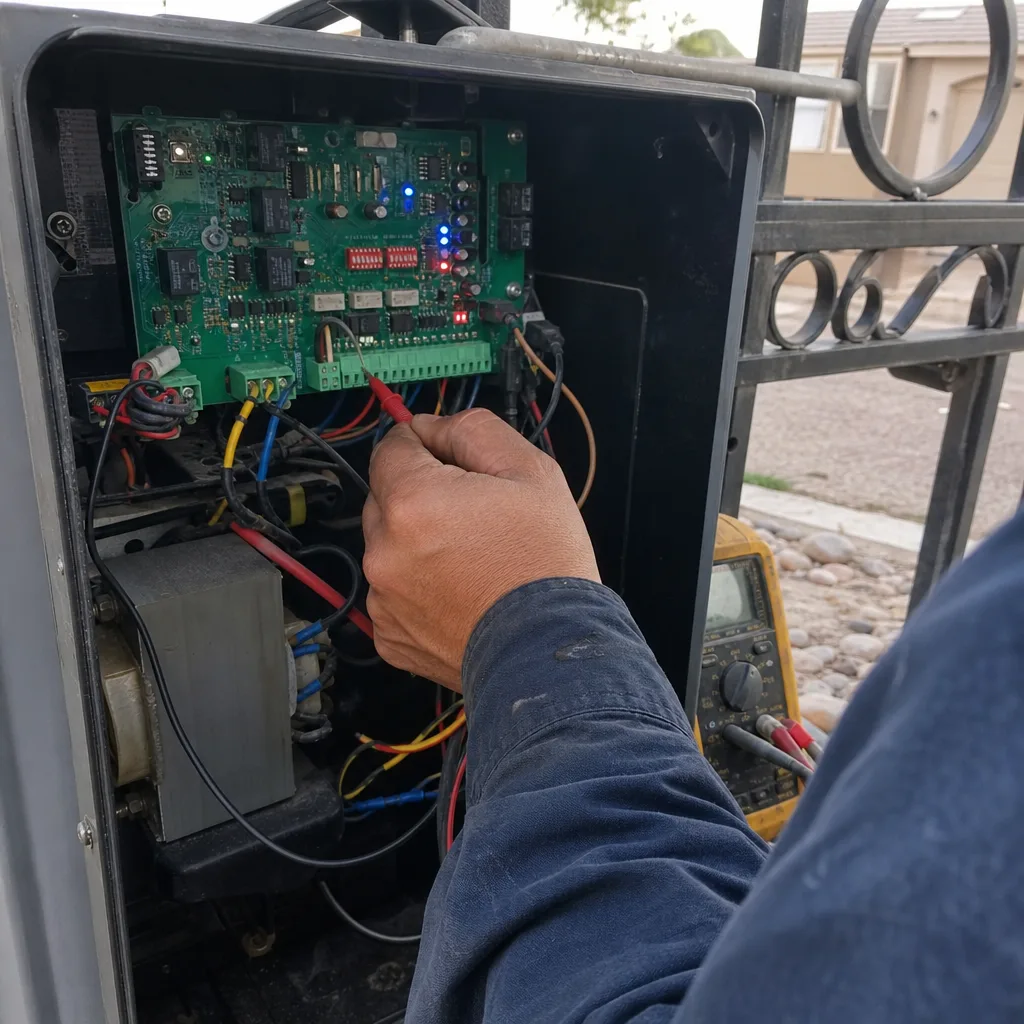 Technician using a multimeter to repair an electric gate control board