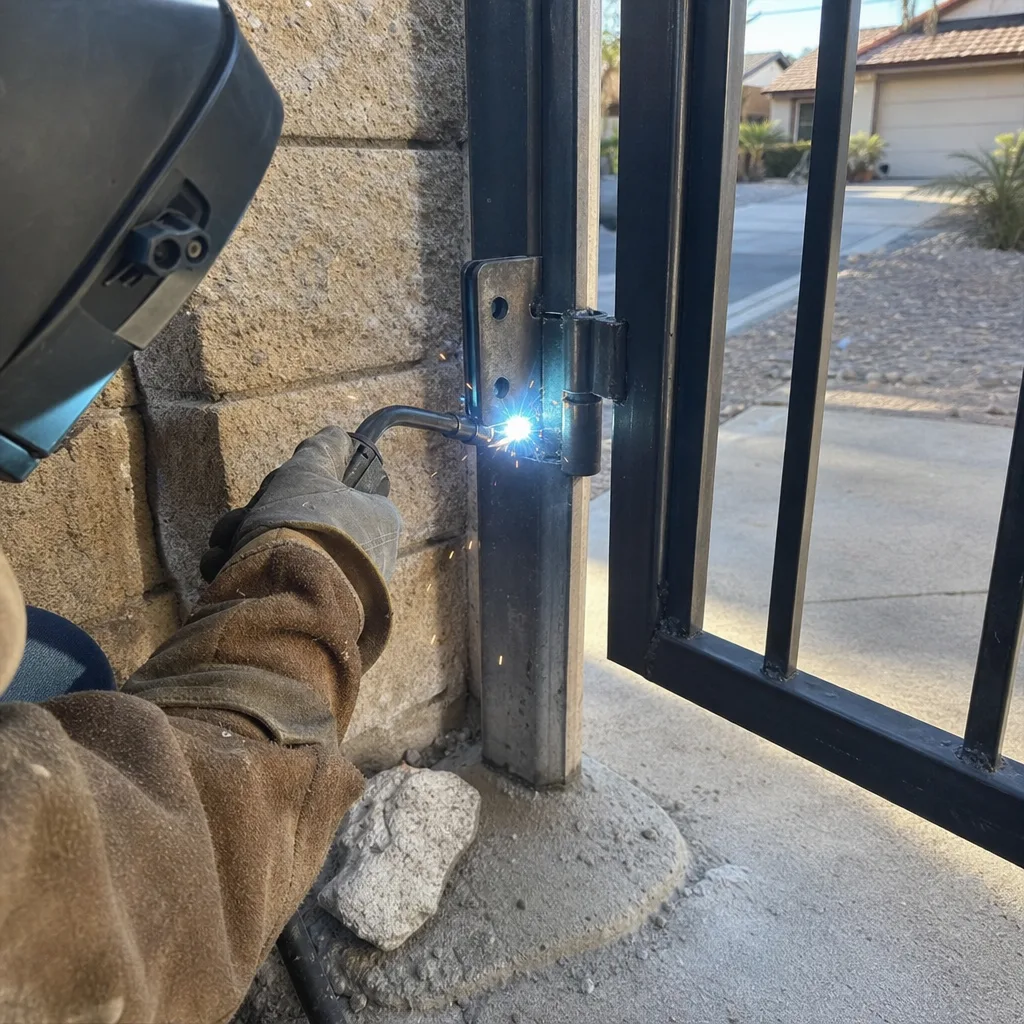 Professional welding a metal hinge onto a residential security gate