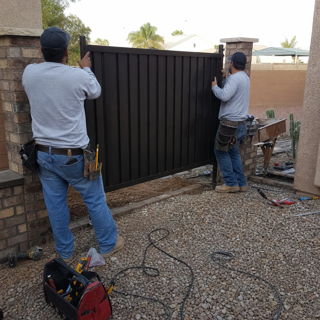 Two contractors professionally installing a custom metal gate between brick columns