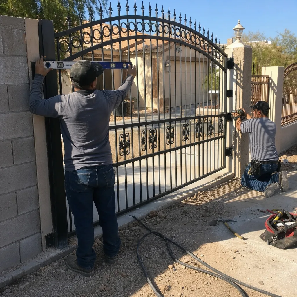 Two professional technicians installing a custom wrought iron driveway gate.